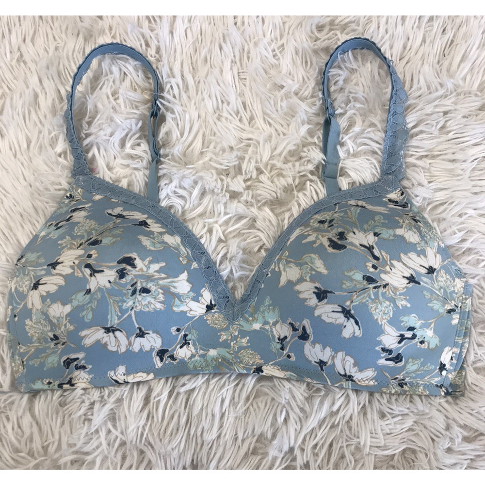 Pre-Owned Anne Klein Underwire Blue Lined T-Shirt Bra Wireless Floral 38C